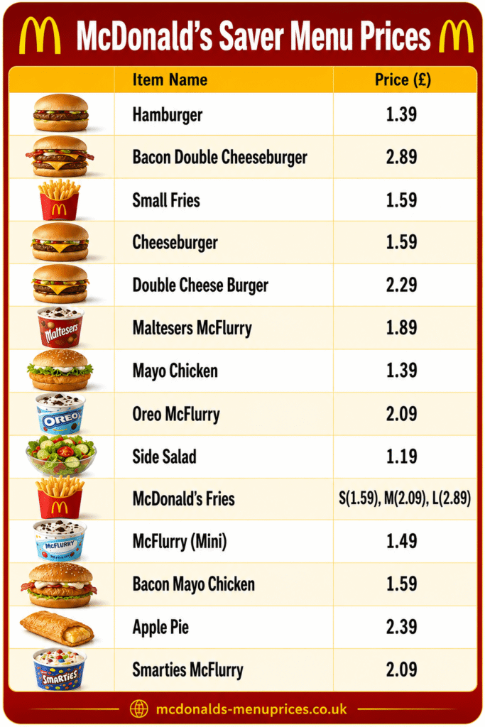 Saver menu with prices
