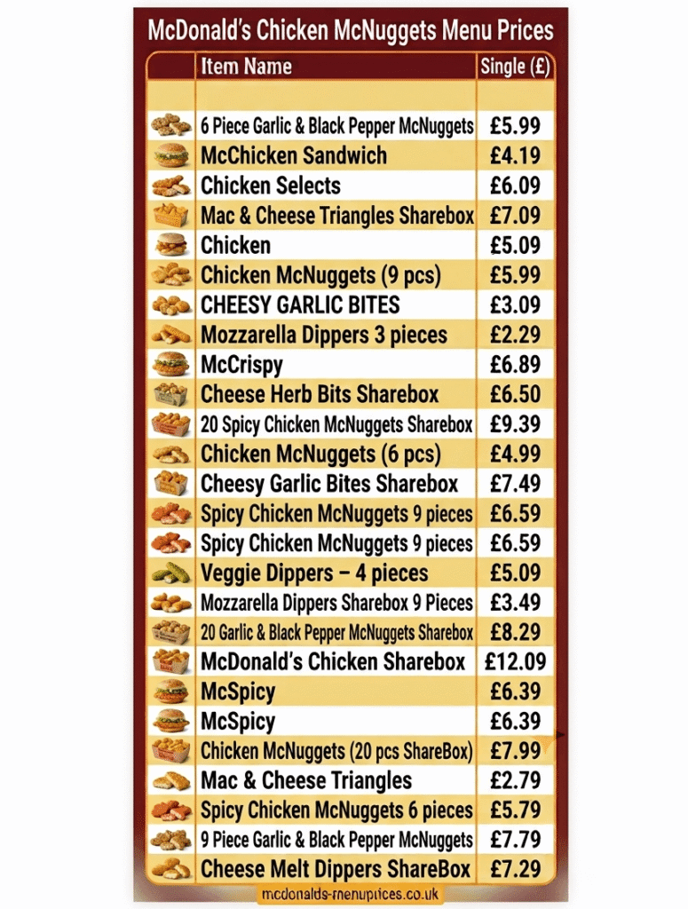 McNuggets Menu with prices