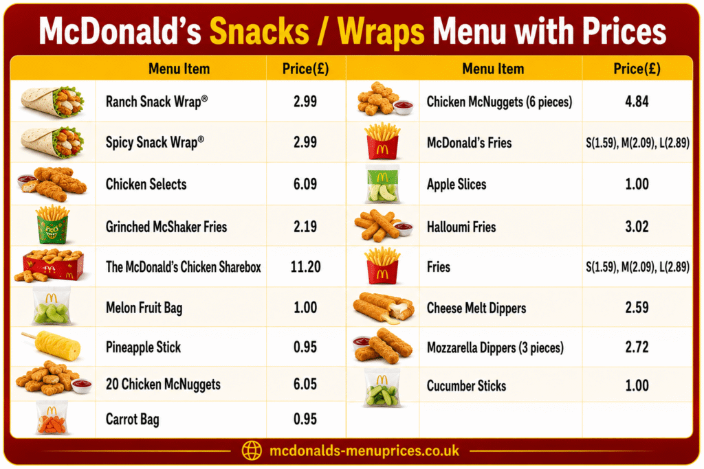 Snack Wraps menu with prices