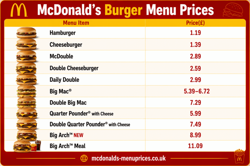 burger menu with prices