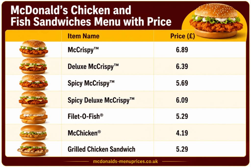 chicken sandwiches menu with price